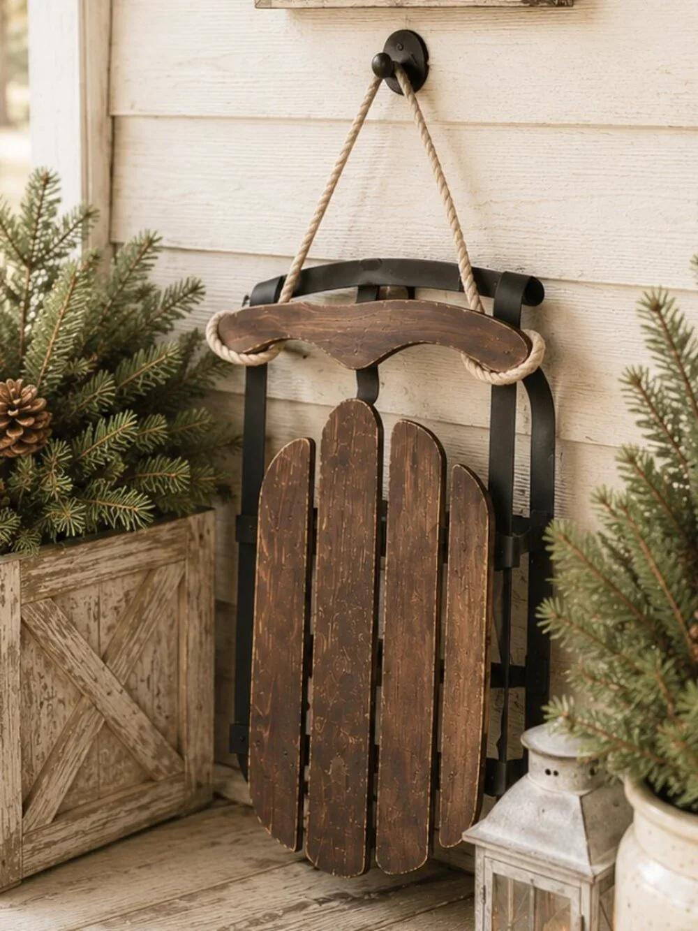 Vintage Rustic Primitive Wooden Snow Sled With Rope Porch Decor